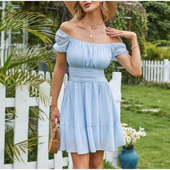 Tie Back Square Neck Short Puff Sleeve Summer Dress A-Line Size Small - Picture 3 of 7